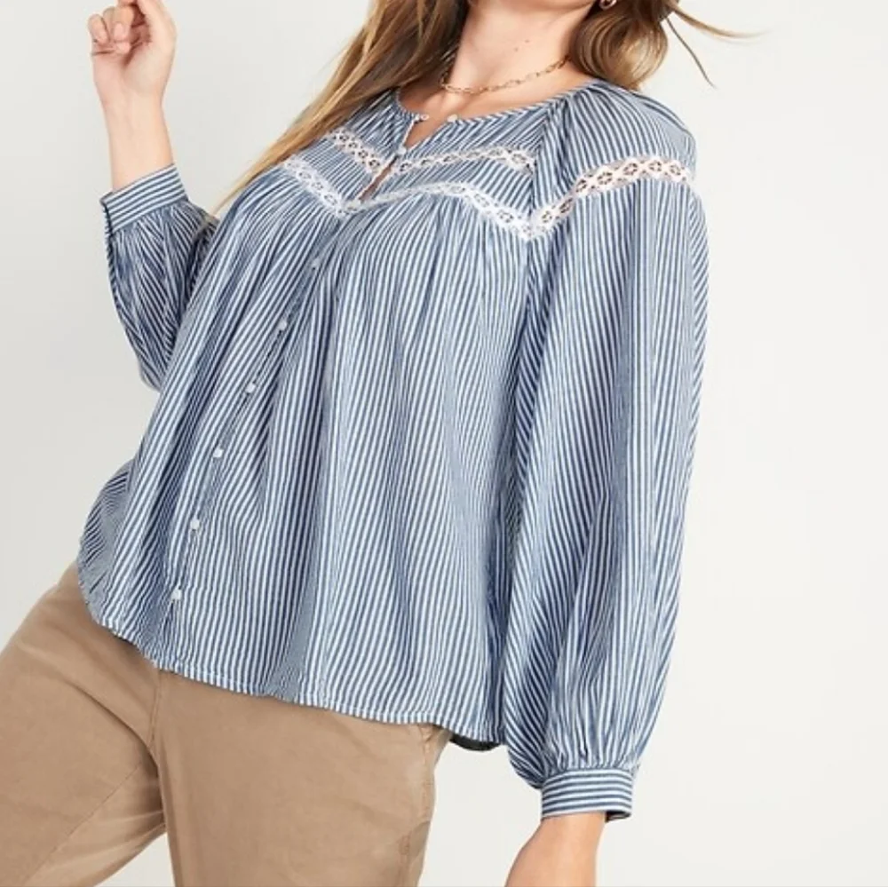 Old Navy Puff Sleeve‎ Lace Button Front Striped Blouse Lightweight Peasant Boho